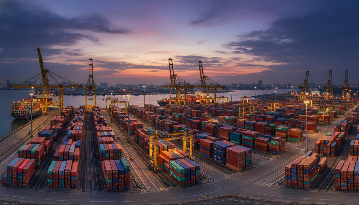 Грузовые контейнеры и портовые краны на территории морского терминала в вечернее время.