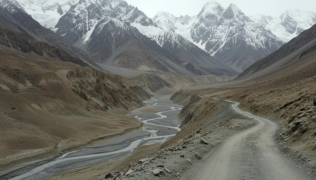 Узкая грунтовая дорога, пролегающая через глубокую каменистую долину на фоне заснеженных горных пиков