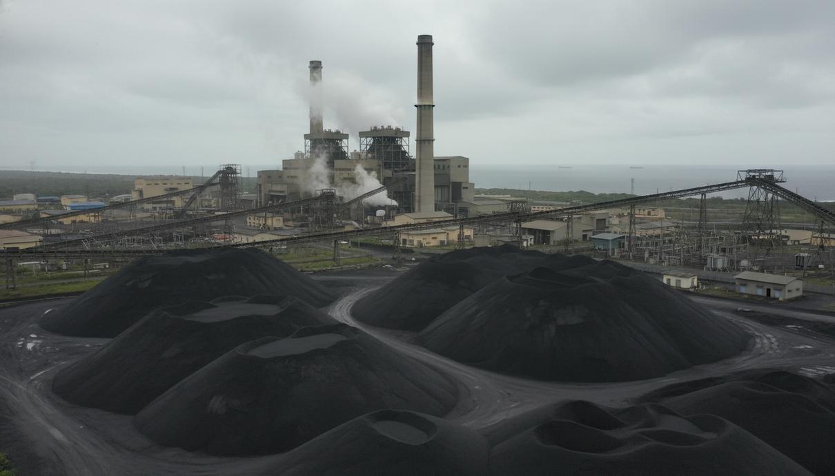 Угольный терминал с крупными насыпями топлива на фоне промышленных построек в Шри-Ланке.