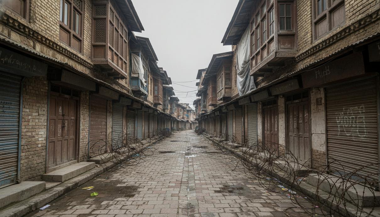 Пустая улица в старом квартале Сринагара с кирпичными домами и колючей проволокой на обочине.