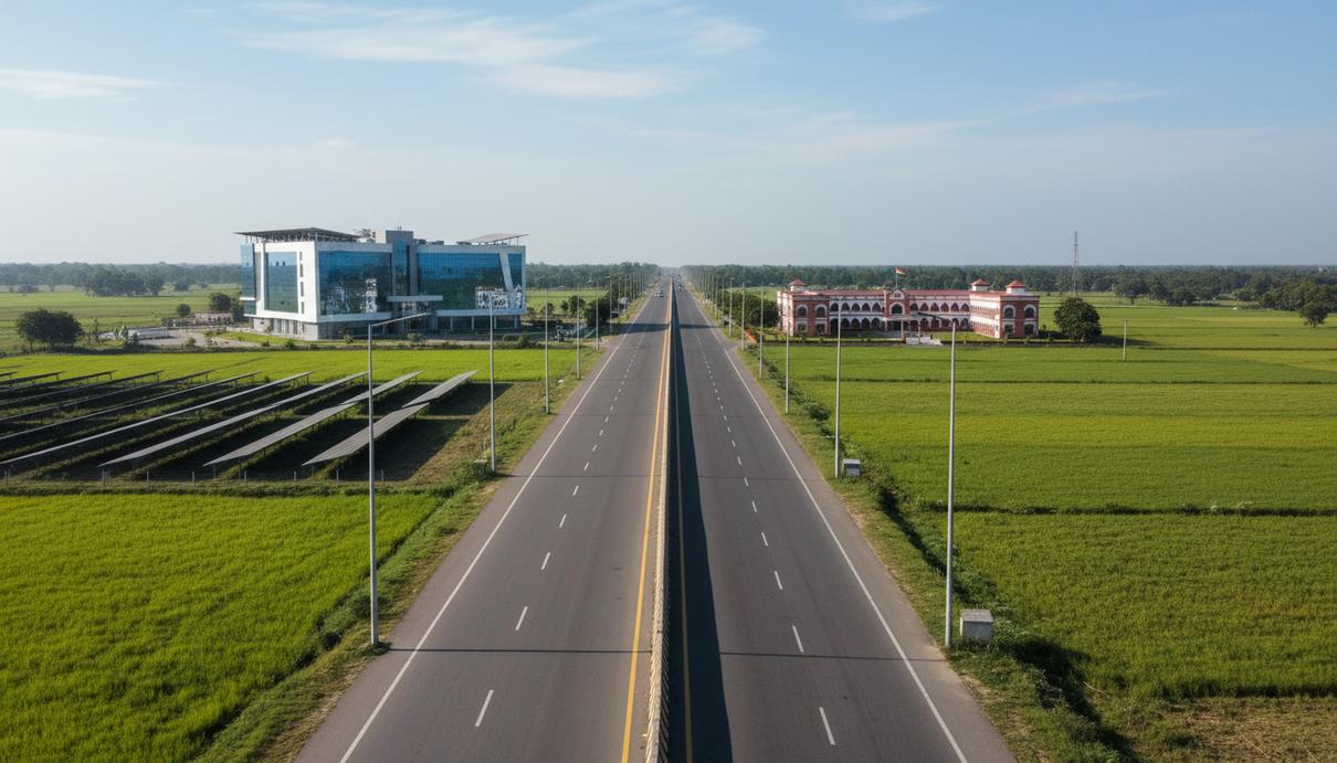 Современная скоростная магистраль, здание медицинского центра и сельская школа на фоне полей в Индии