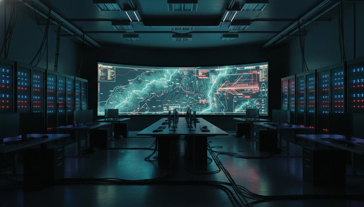 Пустой зал оперативного управления с мониторами, отображающими цифровые карты местности