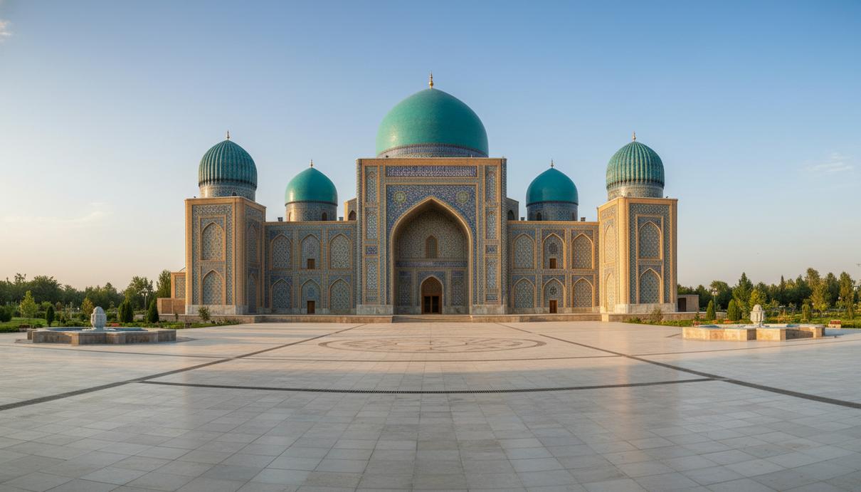 Здание Центра исламской цивилизации в Ташкенте с бирюзовыми куполами и традиционной мозаикой на фасадах