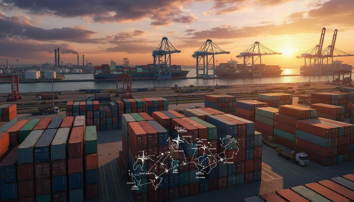 Разноцветные грузовые контейнеры в морском порту на фоне заката