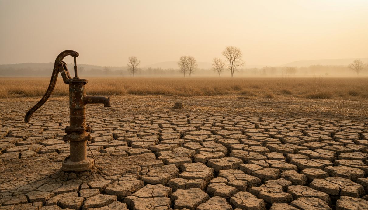 Потрескавшаяся от засухи почва на фермерском поле и старый заржавевший водяной насос.