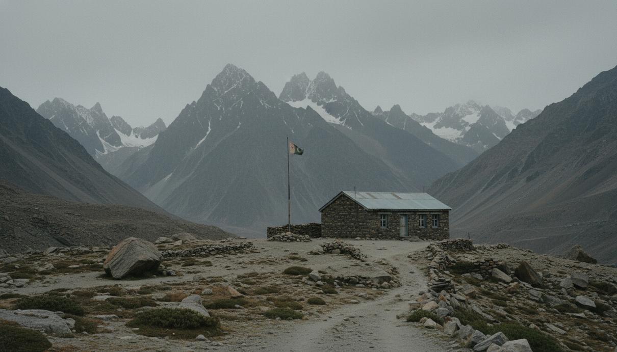Вид на горную гряду Каракорум и старое каменное здание на каменистом плато под пасмурным небом.