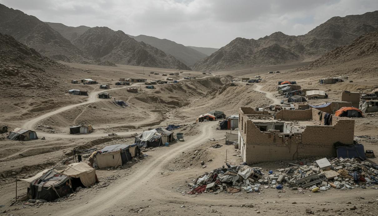 Горный пейзаж на границе Афганистана с временными палатками беженцев и поврежденной кирпичной стеной