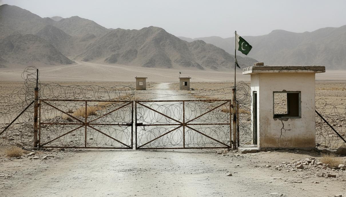 Пустая горная дорога к закрытым пограничным воротам с колючей проволокой и небольшим постом охраны.