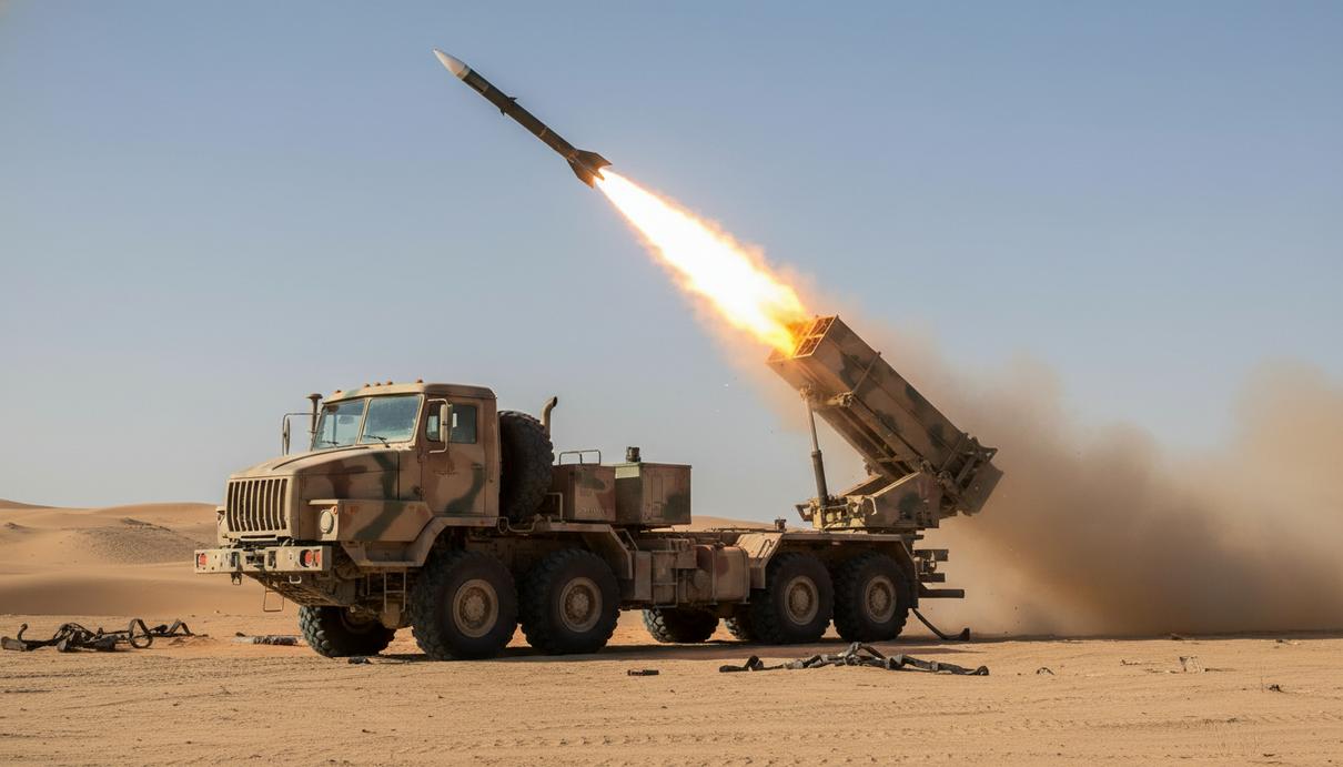Мобильная ракетная установка на грузовом шасси запускает ракету в пустыне на фоне дыма и огня