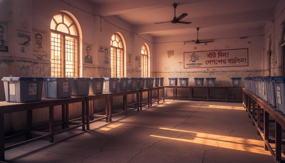 Избирательные урны на столах и политические плакаты на стенах в пустом помещении для голосования