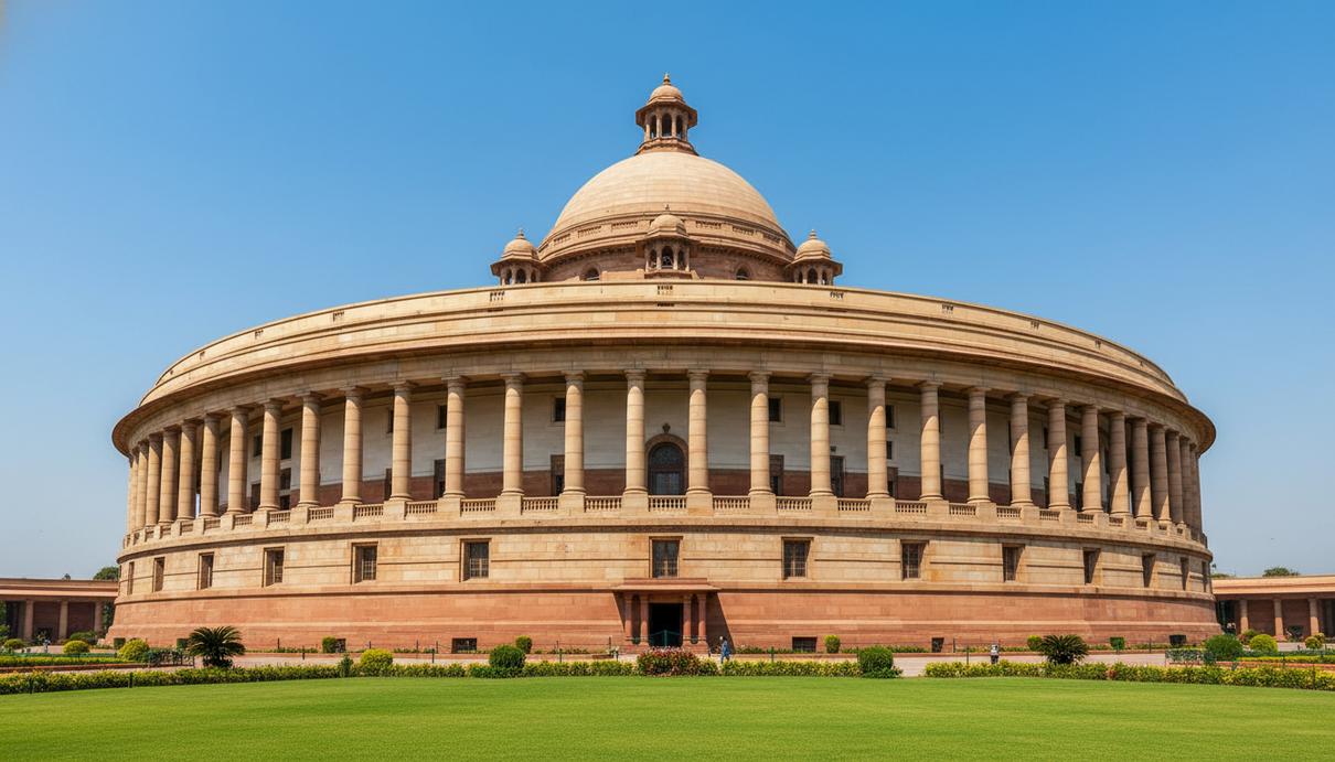 Фасад здания парламента Индии в Нью–Дели с колоннадой и государственным флагом на крыше.