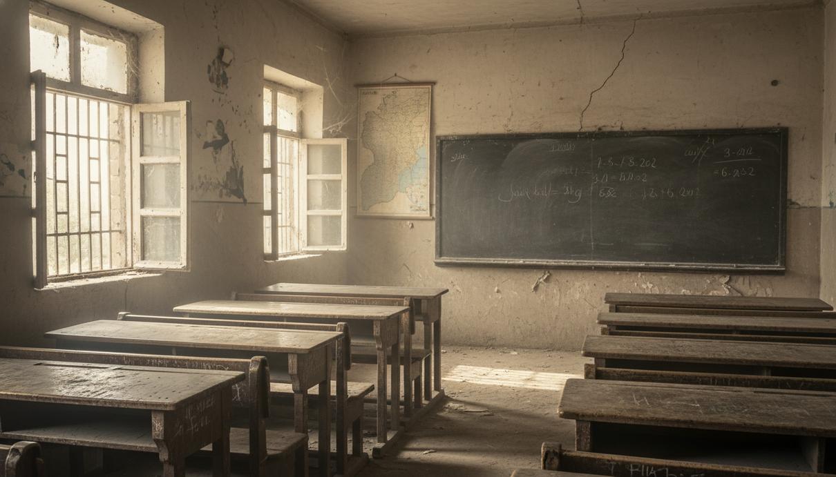 Пустой школьный класс с рядами деревянных парт и старой доской в лучах пыльного солнечного света