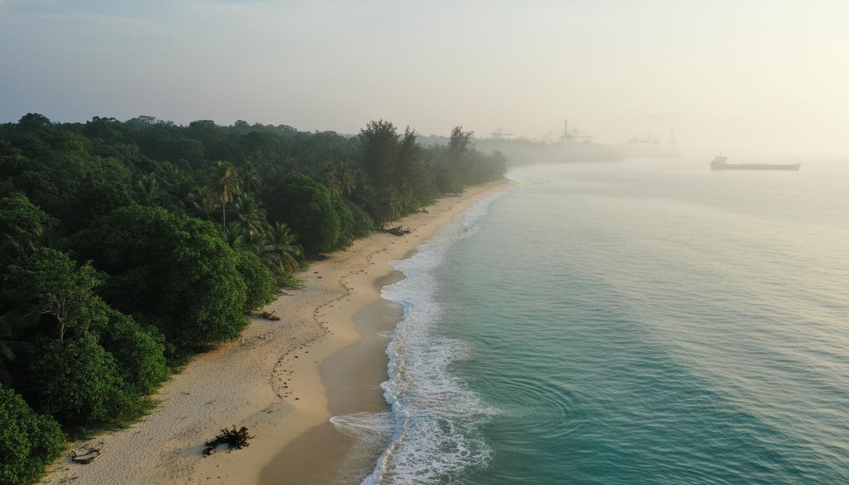 Тропический лес на побережье острова Большой Никобар и контуры строящегося морского порта на горизонте