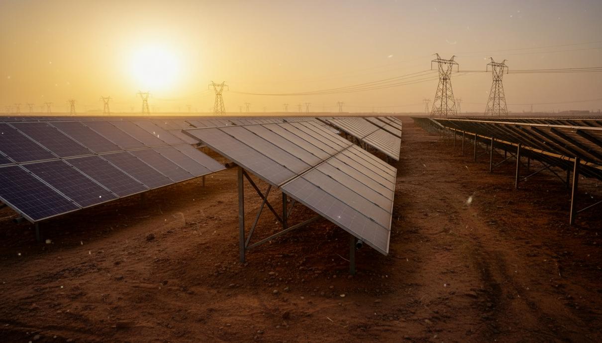 Ряды солнечных панелей на фоне опор линий электропередачи в пакистанской местности на закате