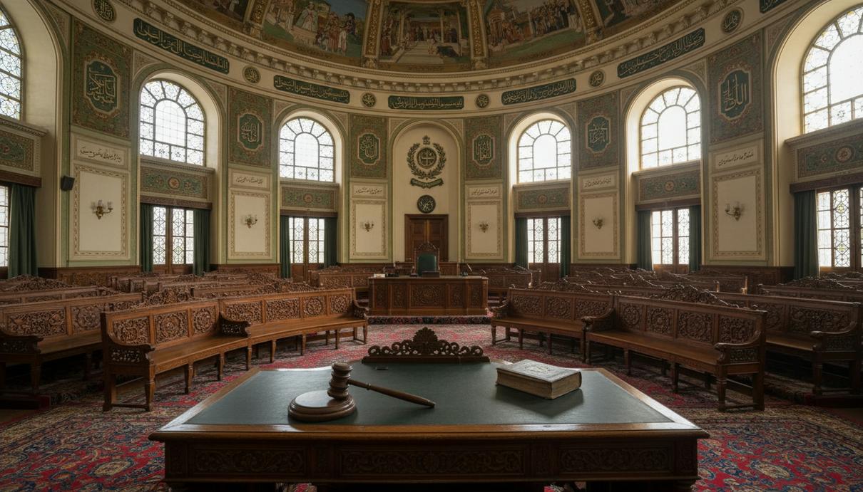 Интерьер пустого зала заседаний с деревянными скамьями и судейским молотком на столе в пакистанском стиле