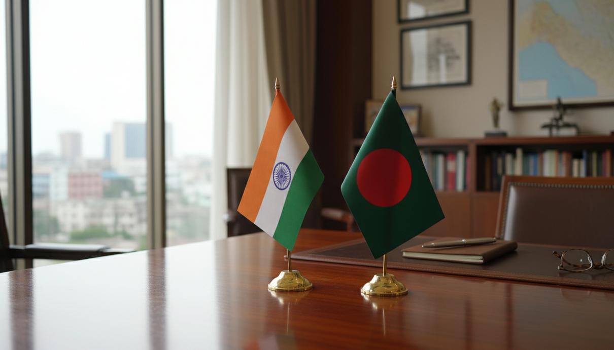 Флаги Индии и Бангладеш на полированном столе в рабочем кабинете на фоне городского пейзажа.