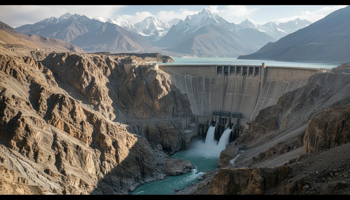 Массивная бетонная плотина на горной реке в глубоком ущелье на фоне заснеженных вершин Гималаев