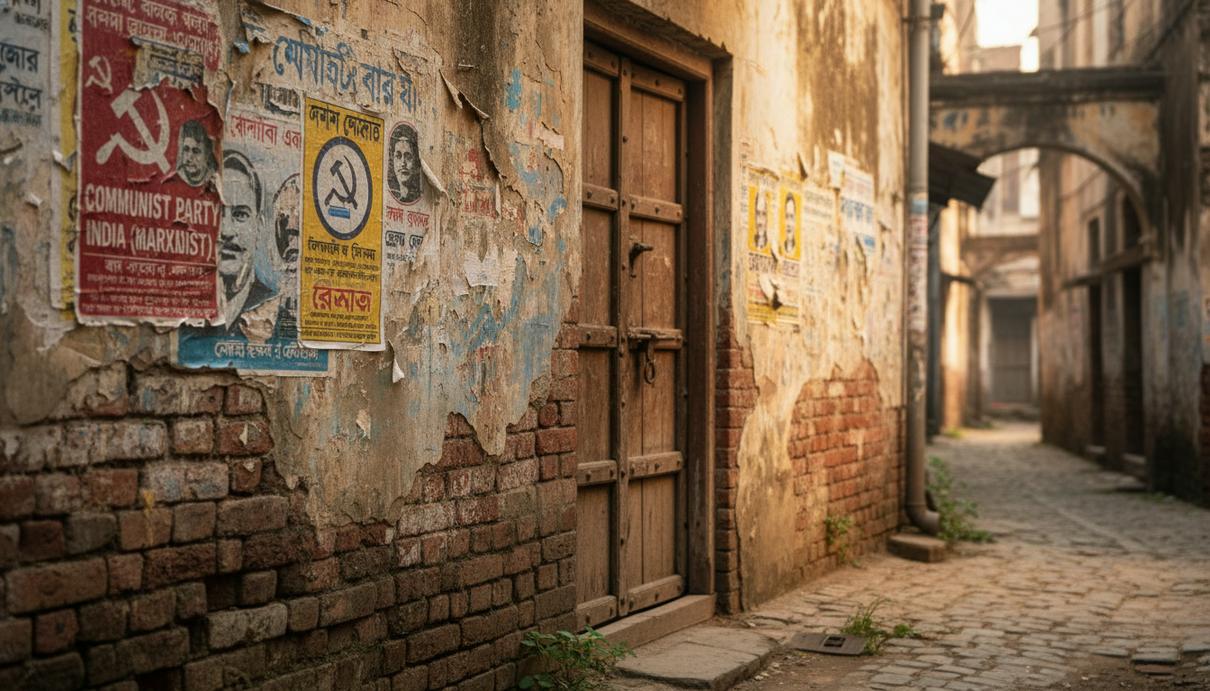 Стена старого здания в Западной Бенгалии с остатками политических плакатов и деревянной дверью.