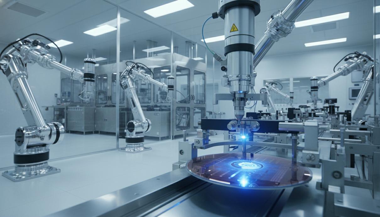 Процесс производства полупроводниковой пластины на автоматизированной линии в стерильном помещении.