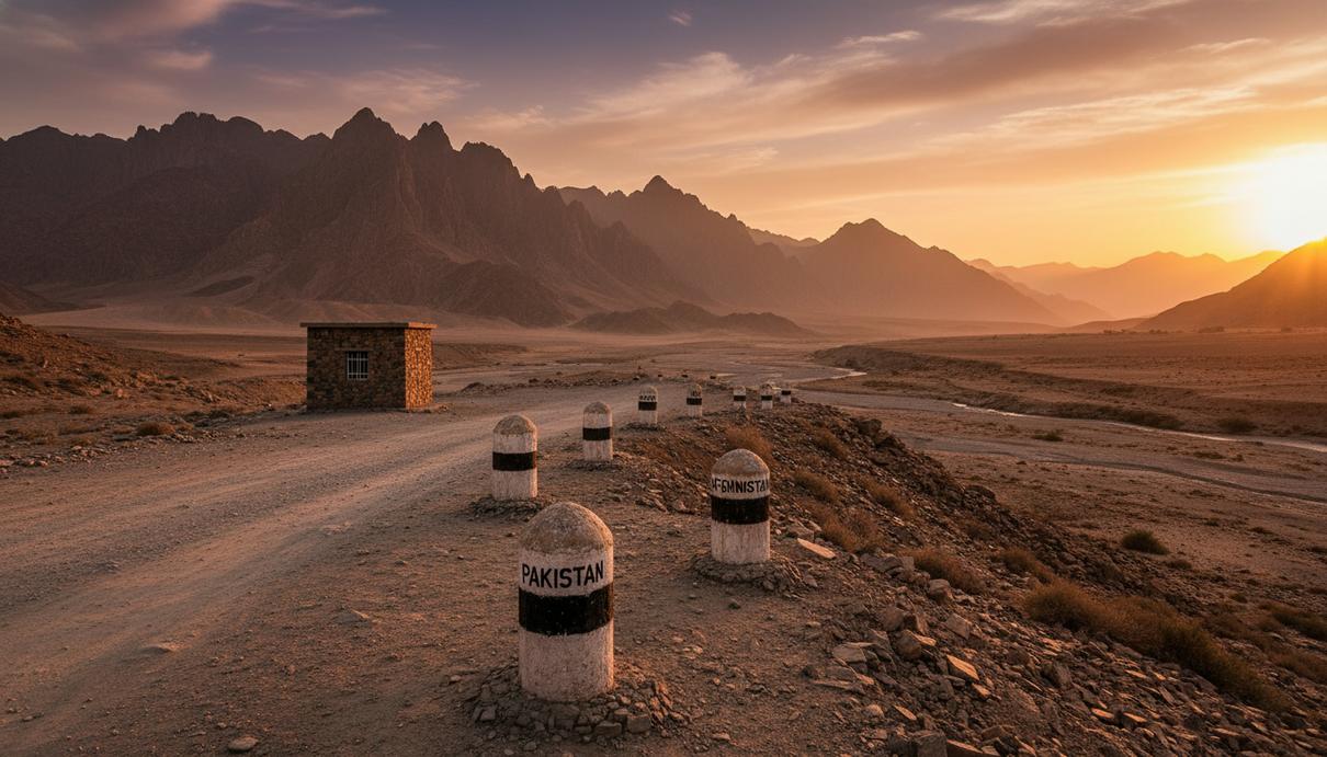 Горный ландшафт на границе Пакистана и Афганистана с пограничными знаками и пустой дорогой