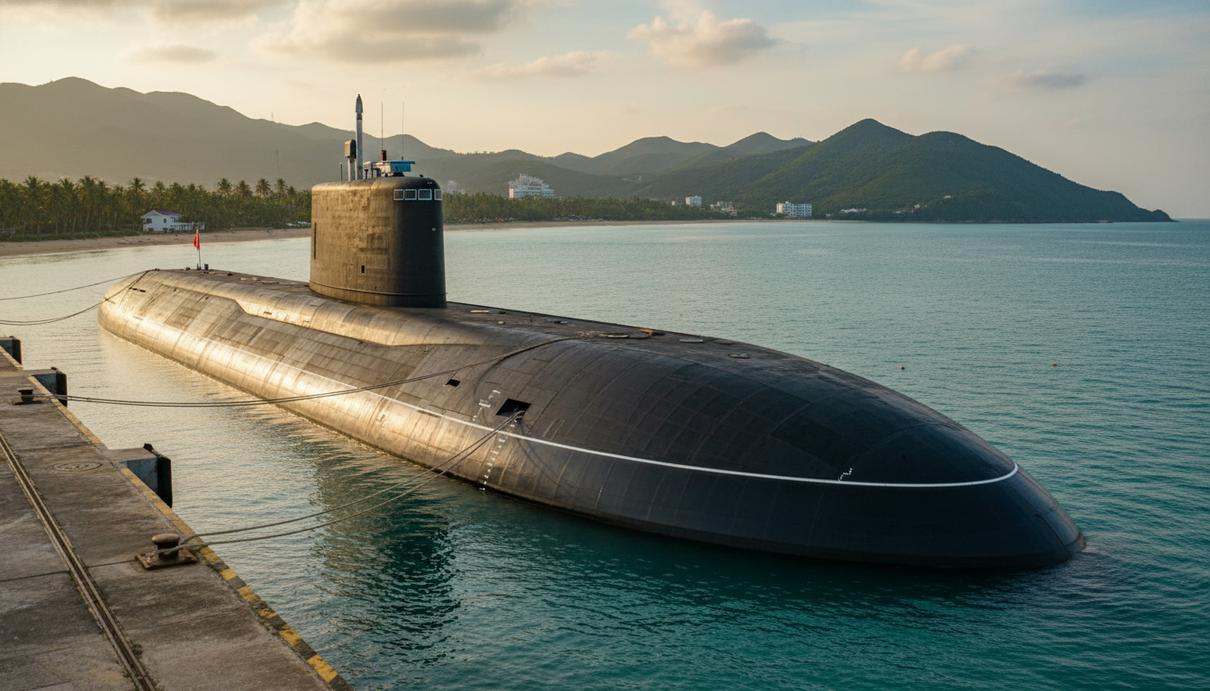 Современная черная подводная лодка у причала военно-морской базы на фоне моря и тропического берега