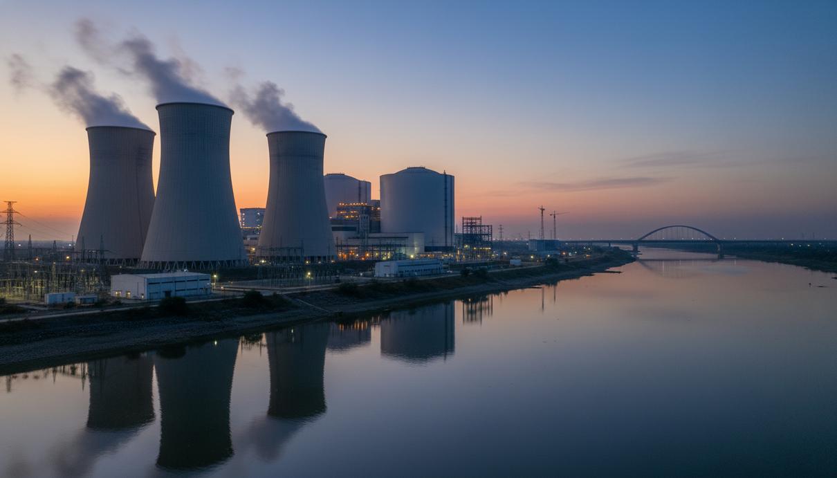 Вид на градирни и энергоблоки атомной электростанции Руппур на берегу реки в лучах заката