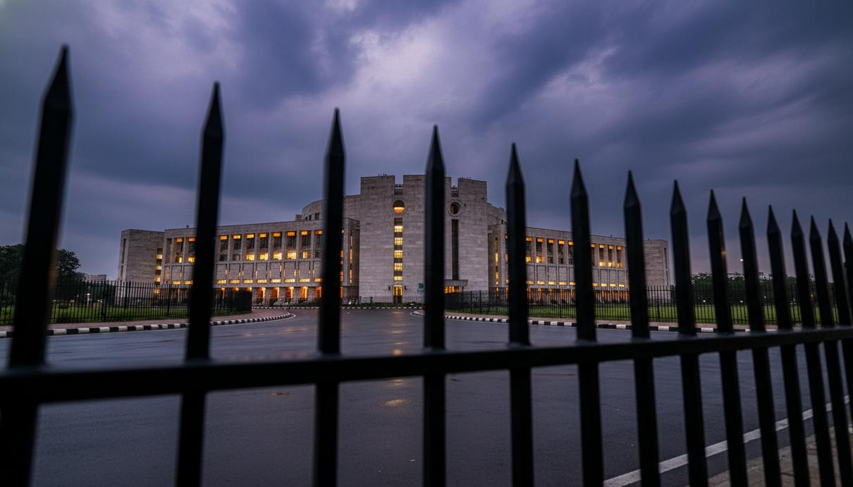 Вид на здание Национального парламента Бангладеш в Дакке через металлическое ограждение в сумерках