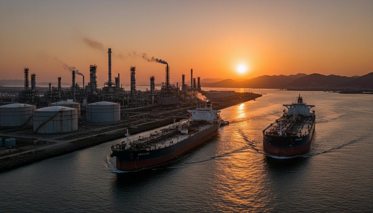 Промышленная зона нефтеперерабатывающего завода с резервуарами и танкерами в море на закате
