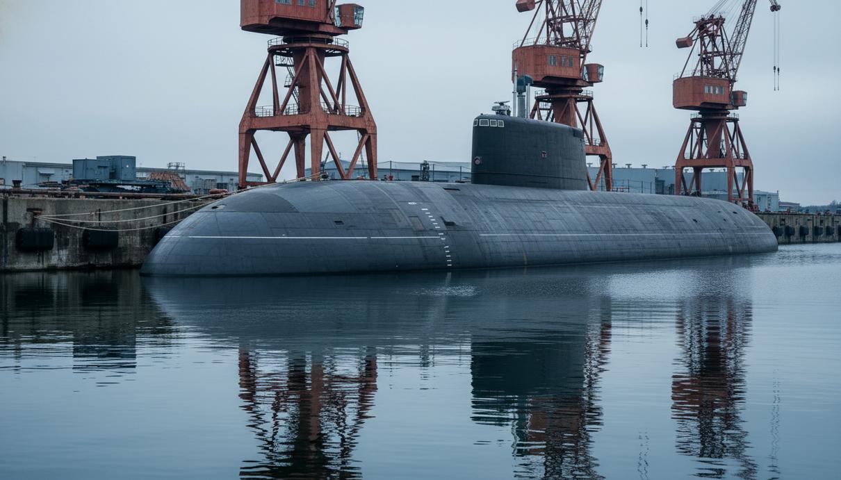 Современная подводная лодка у причала на верфи с портовыми кранами на фоне серого неба