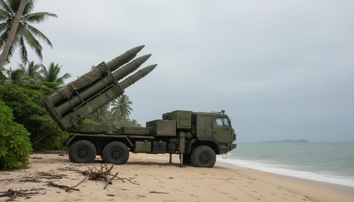 Передвижная пусковая установка берегового ракетного комплекса на фоне тропического морского побережья