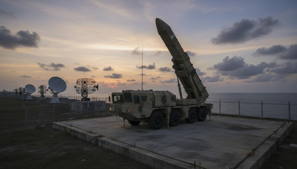 Мобильная пусковая установка баллистической ракеты на военном полигоне на берегу океана.