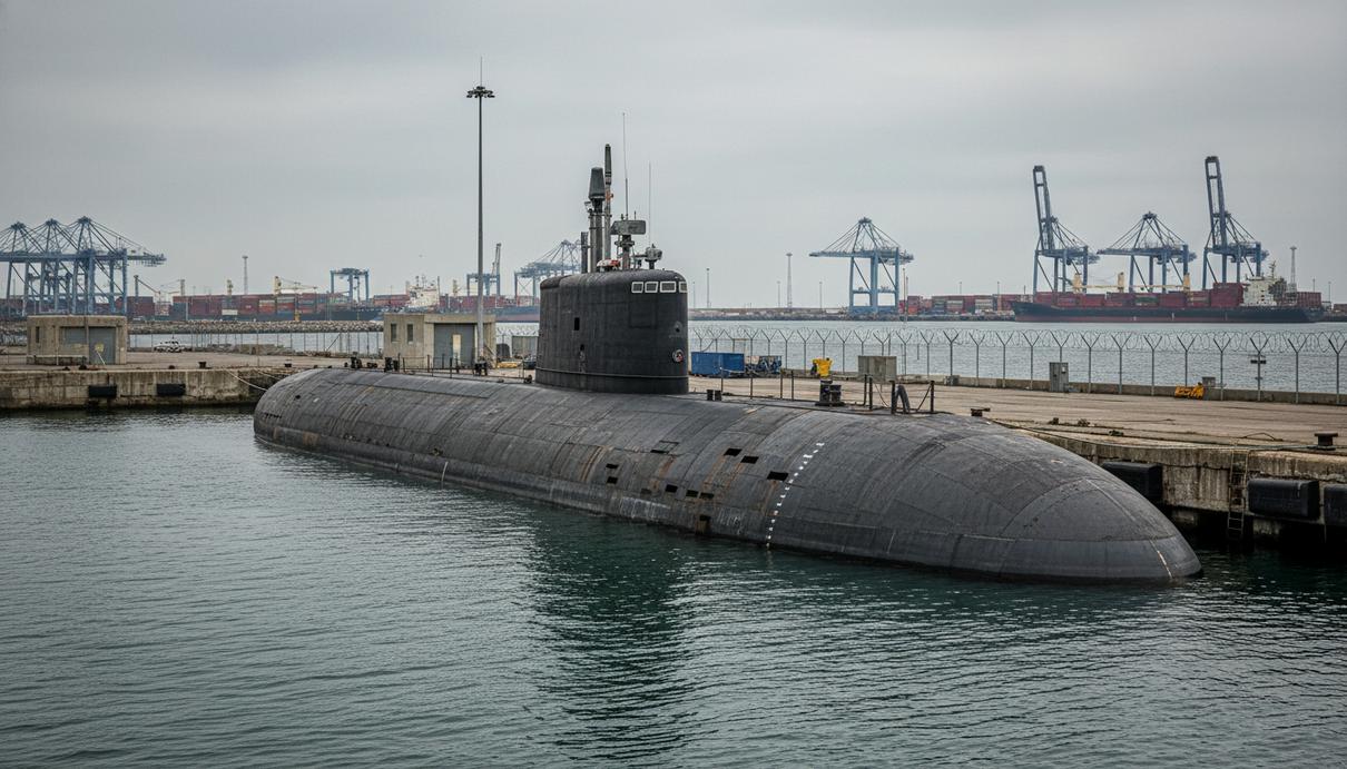 Массивная серая подводная лодка у причала в военно-морском порту на фоне кранов и хмурого неба