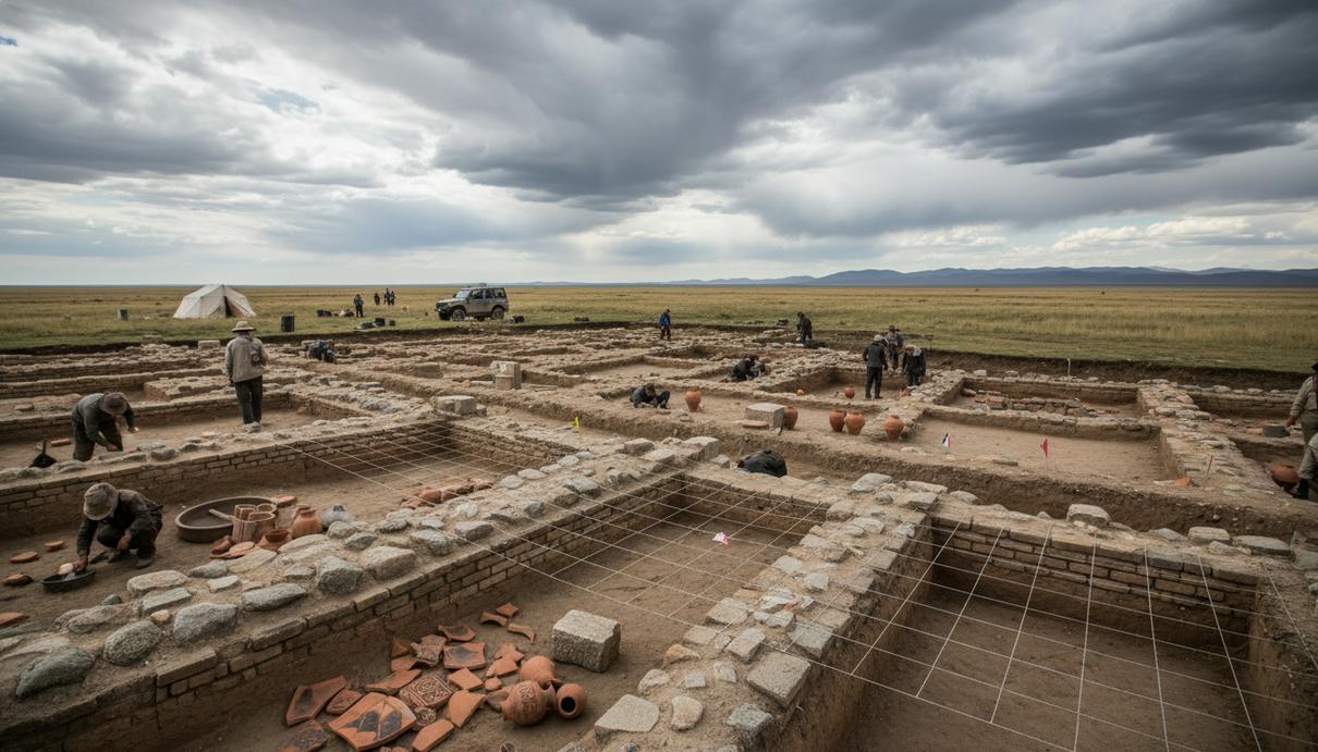 Руины древнего каменного города в казахской степи на месте археологических раскопок под облачным небом