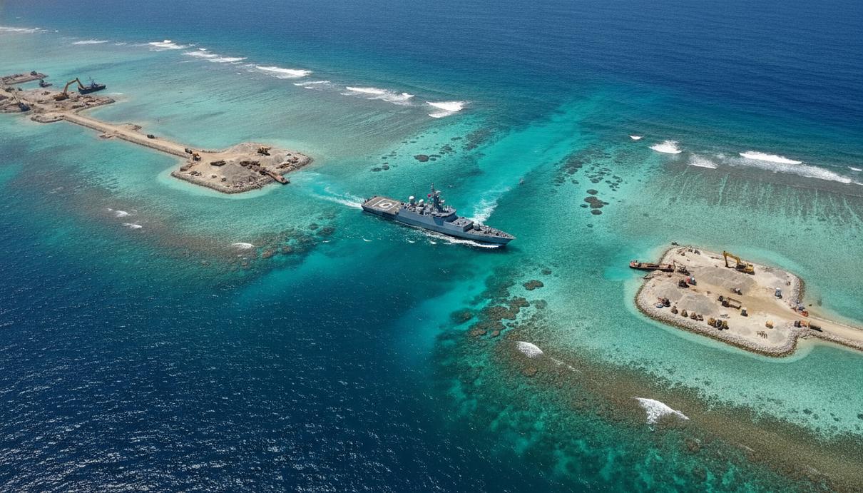 Одинокий патрульный корабль в открытом море рядом с искусственным рифом, свидетельствующим о строительных работах, вид с воздуха.