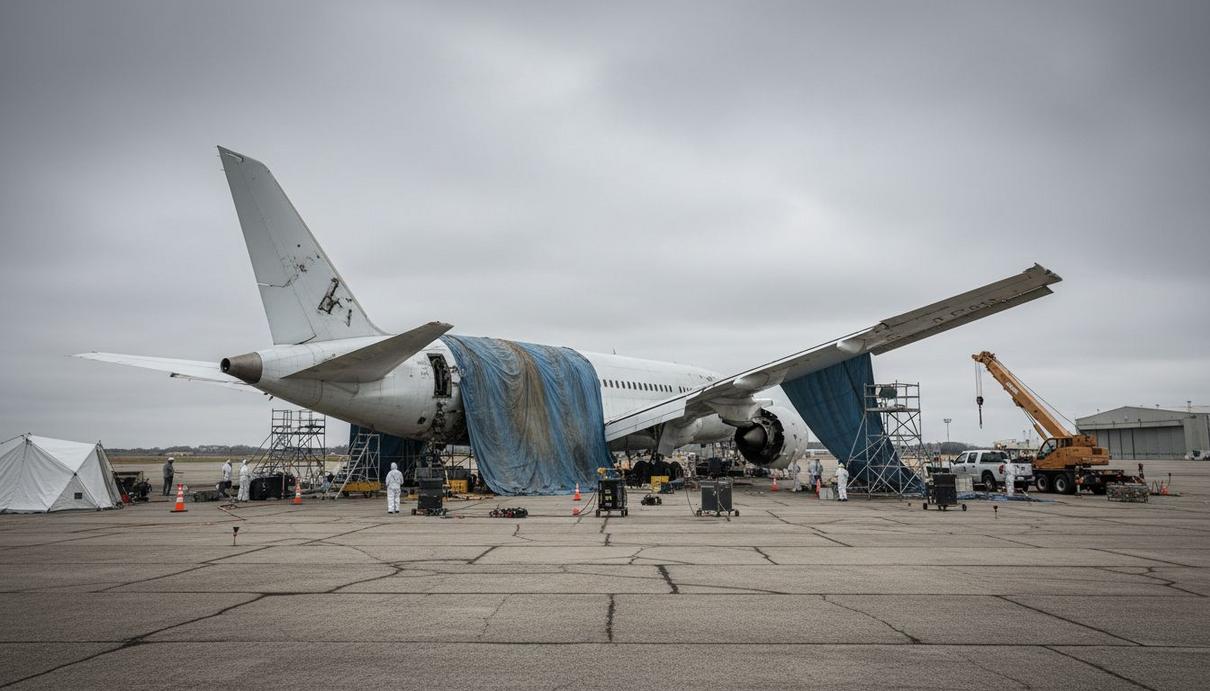 Причины крушения Boeing 787 в Индии не названы спустя год Частично накрытые брезентом обломки самолета Boeing 787 на взлетном поле аэродрома в Ахмадабаде.