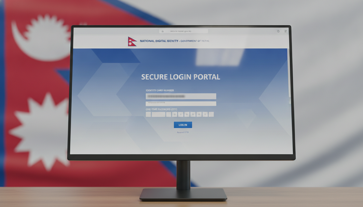 Экран компьютера с формой входа в систему цифровых ID-карт Непала, где видно поле для ввода одноразового пароля (OTP) для верификации.