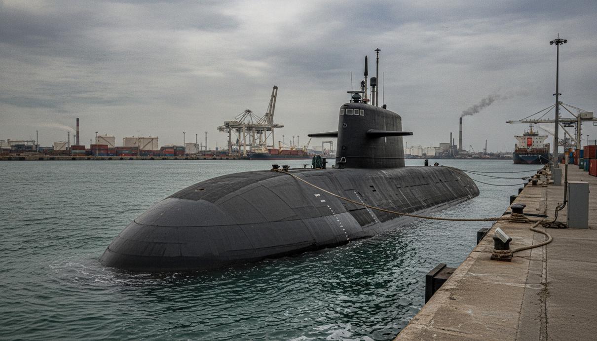 Современная подводная лодка класса Hangor у причала в порту Карачи на фоне портовой инфраструктуры.