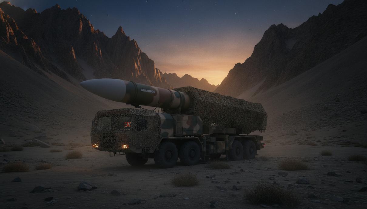 Мобильная пусковая установка со сверхзвуковой крылатой ракетой «БраМос» в камуфляже, расположенная в скалистом ущелье в сумерках.