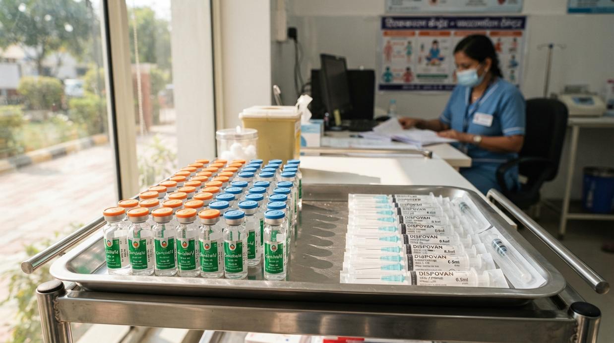 Охват вакцинацией взрослого населения Индии не превышает 2% Лоток со шприцами и флаконами вакцины в медицинском кабинете индийской клиники.