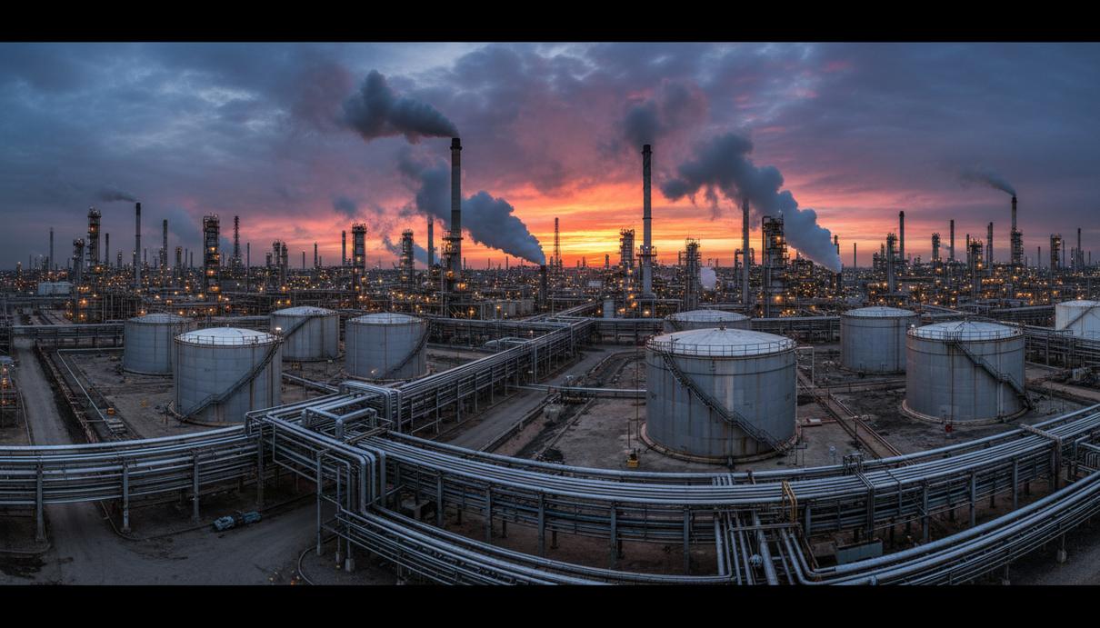 Атаки на НПЗ в России спровоцировали топливный кризис в Центральной Азии Нефтеперерабатывающий завод с трубами и резервуарами для хранения топлива на фоне закатного неба.