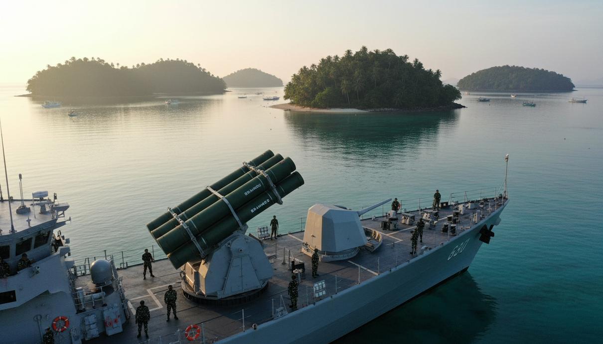 Индонезия закупит у Индии ракеты BrahMos в рамках нового партнерства Пусковая установка сверхзвуковых ракет BrahMos на борту индонезийского военного корабля в бухте на фоне тропических островов.