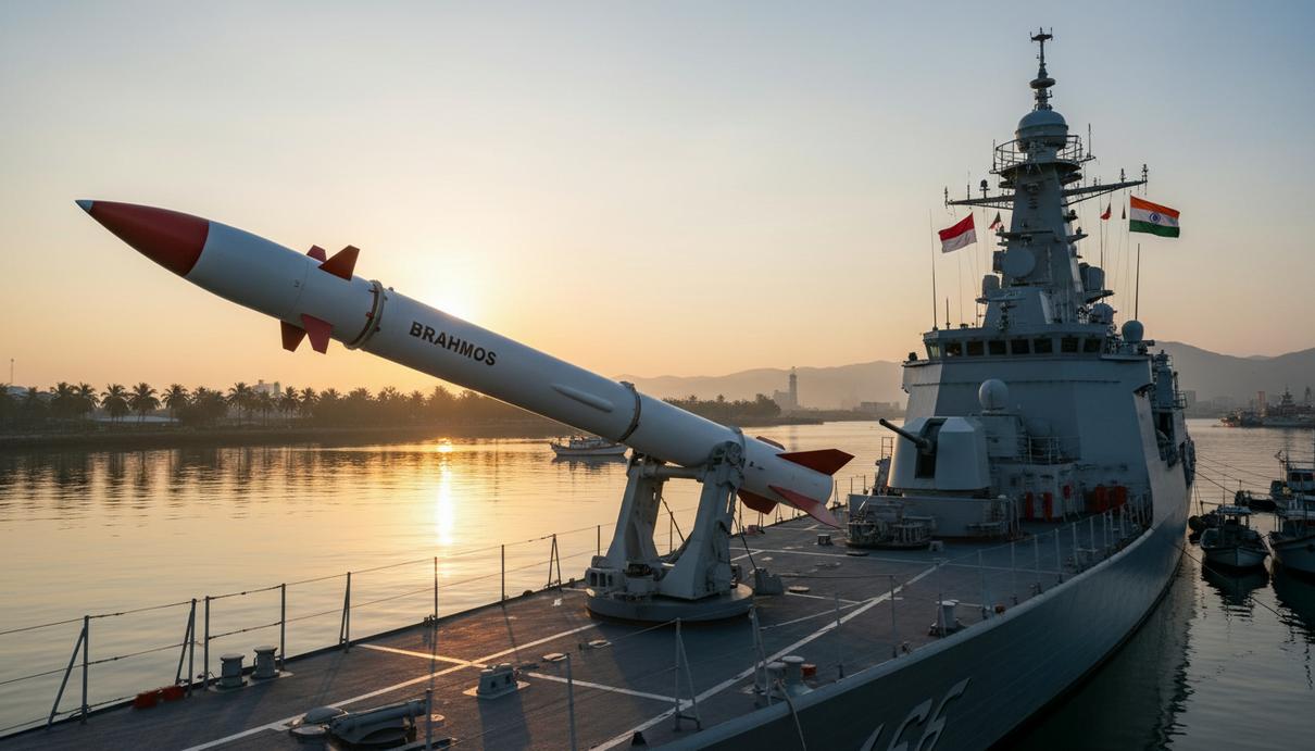 Сверхзвуковая крылатая ракета BrahMos на пусковой установке военного корабля, пришвартованного в порту на рассвете.