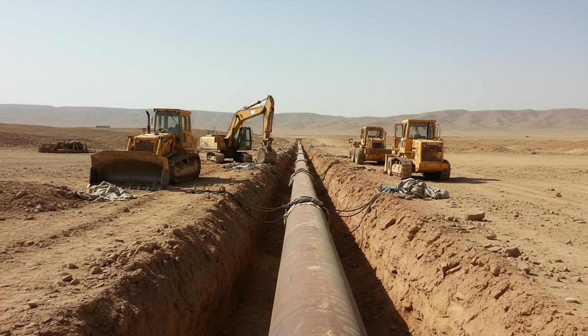 Проект ТАПИ в Афганистане упёрся в разногласия о цене на газ Участок газопровода ТАПИ в траншее посреди афганской степи, рядом стоит бездействующая строительная техника.
