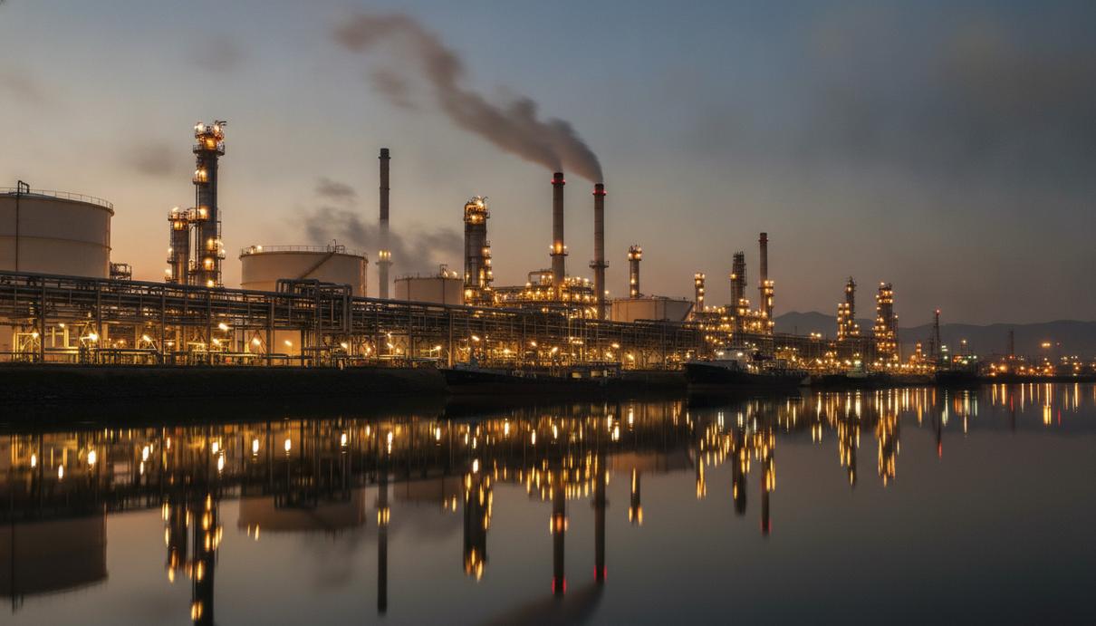 Зависимость от импорта нефти испытывает на прочность автономию Индии Нефтеперерабатывающий завод на побережье Индии в сумерках, освещенные прожекторами промышленные трубы и резервуары для хранения нефти.