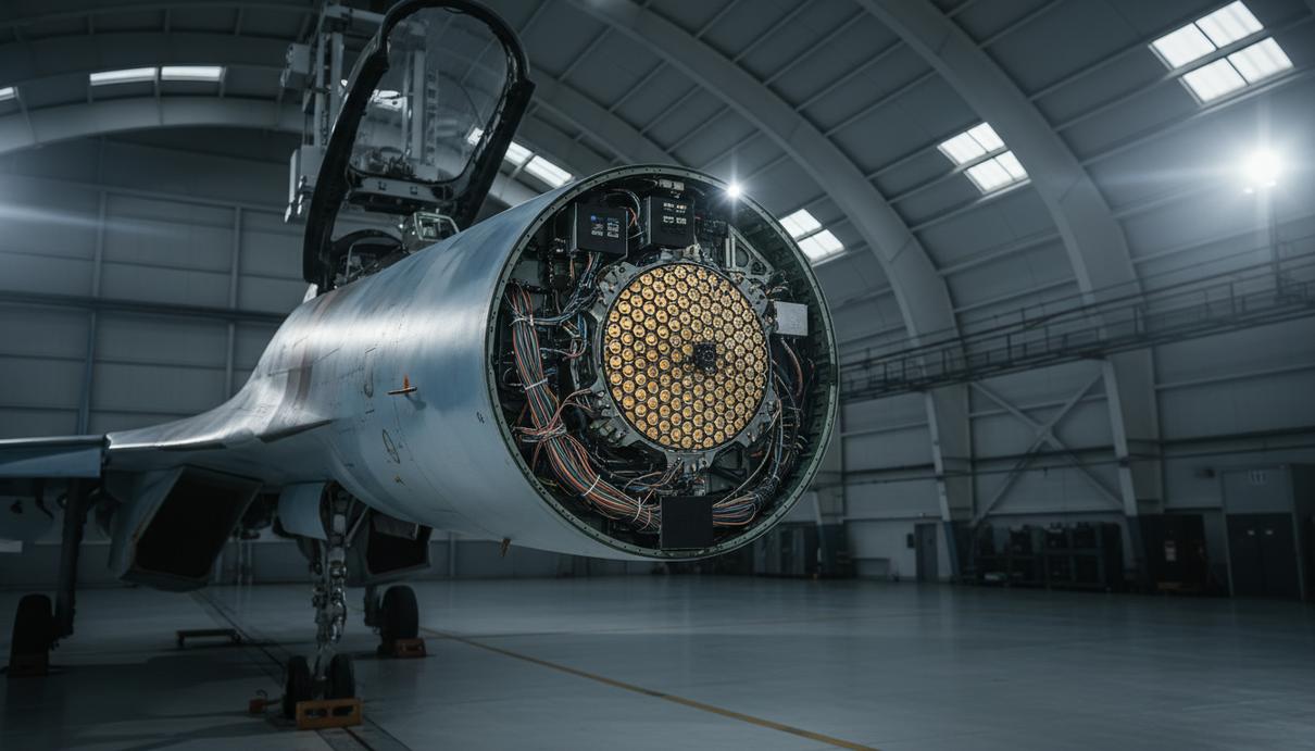 Носовая часть истребителя Су-30МКИ в ангаре с открытым обтекателем, внутри видна новая радиолокационная станция Вирупакша с АФАР.