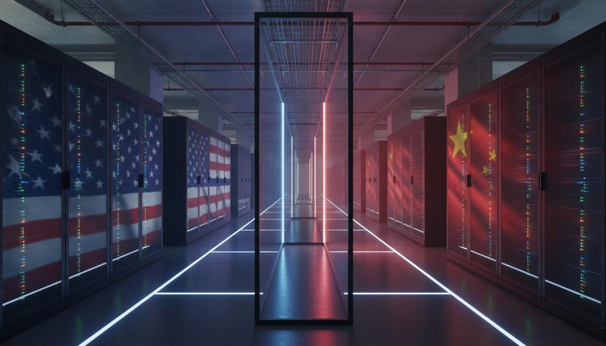 США ставят партнёров перед выбором в сфере искусственного интеллекта Современный дата-центр с рядами светящихся серверов, разделённый на две части, подсвеченные цветами флагов США и Китая.