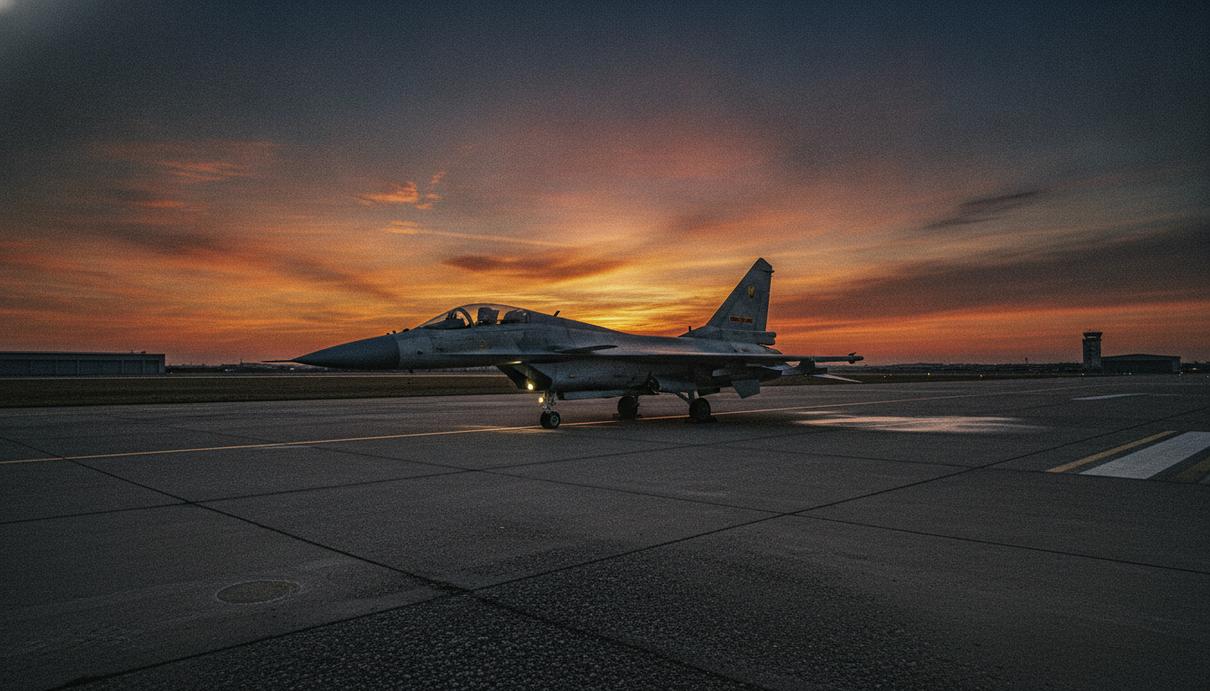 Закупка Бангладеш истребителей J-10CE может изменить баланс сил в регионе Китайский истребитель J-10CE на взлётно-посадочной полосе аэродрома в сумерках.