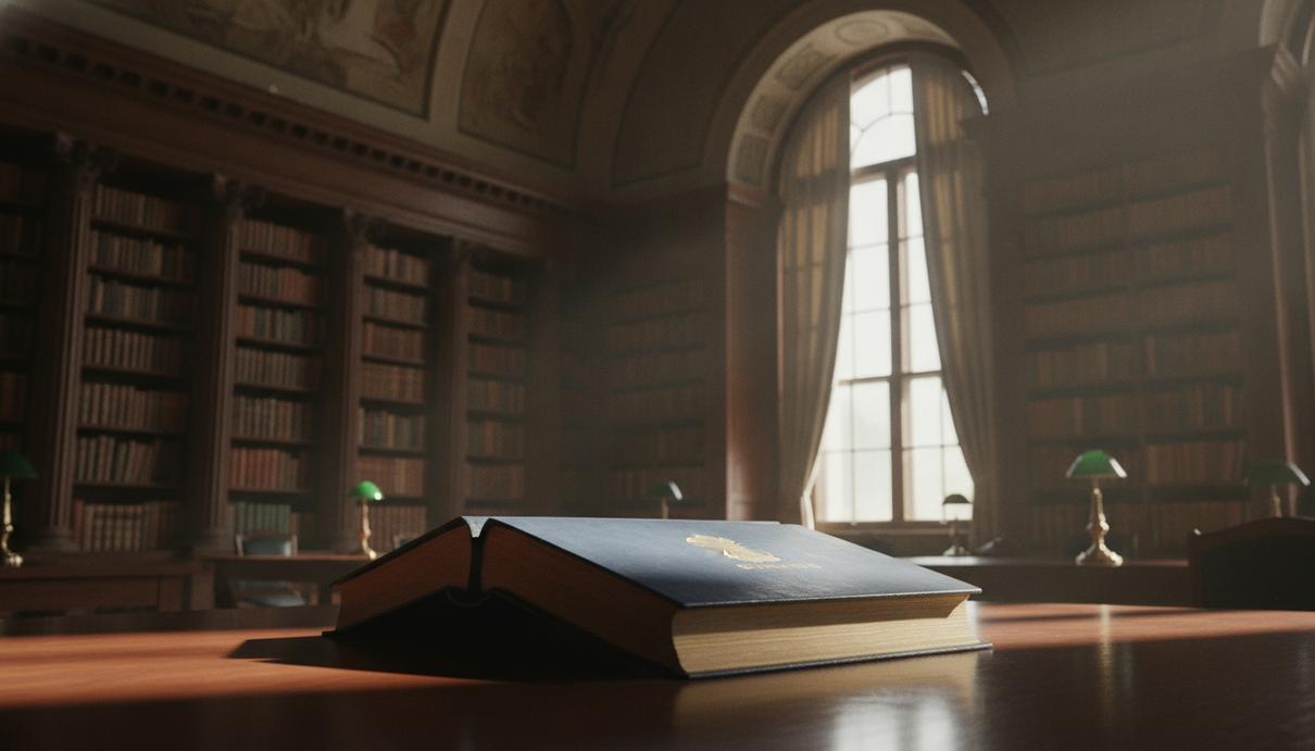 Книга с конституцией Индии и эмблемой в виде колеса Ашоки лежит на столе в зале с колоннами.