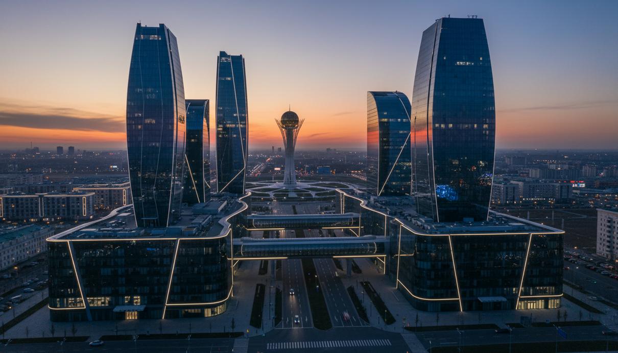 Алматы и Астана обеспечили Казахстану экономическое лидерство в регионе Футуристический архитектурный ансамбль Астаны на закате. Стеклянные небоскрёбы международного финансового центра и башня Байтерек.