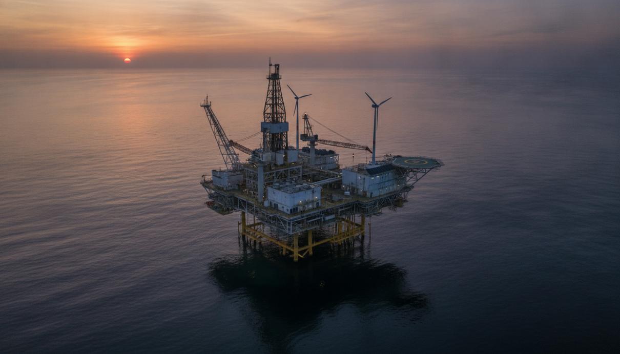 Современная морская платформа для добычи природного газа в Бенгальском заливе на рассвете, вид с воздуха.